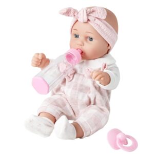 12'' Baby Doll in Gift Box with Pink Cloths, Pacifier, 13''x13'' Microfabric Blanket, and Feeding Bottle. Gift Idea for Ages 3+