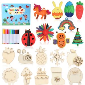 Worgree DIY Wooden Magnets, 36 pcs Wooden Art Craft Supplies Painting Kit for Kids Party Favors for Boys Girls Ages 4-8 8-12 Birthday Easter Crafts Gifts Toys Basket Goodie Bag...